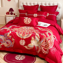 高端奢华龙凤刺绣婚庆四件套大红色床单被套纯棉全棉结婚床上用品