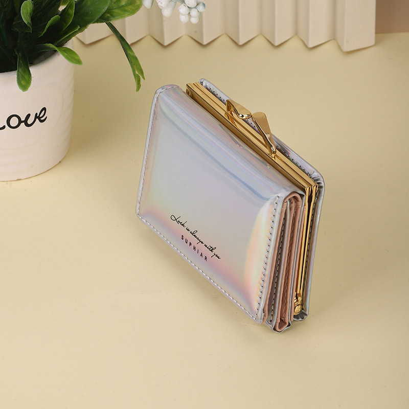 Mini Folding Student Coin Purse Wholesale Buckle Girls Coin Pocket Pu Laser Ins Short Women's Wallet