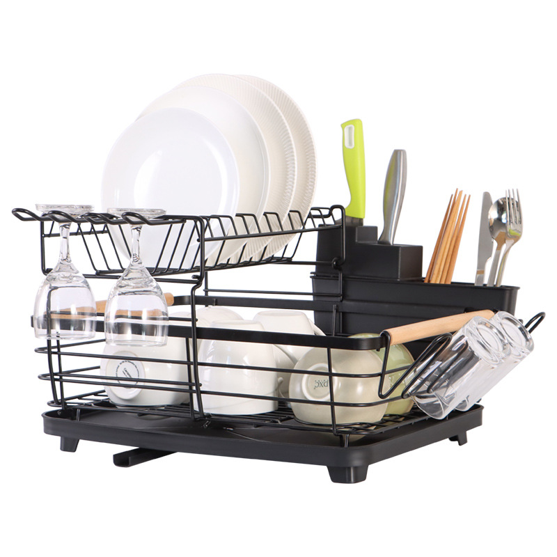 Wholesale Customized Iron Double Layer Black Ribbon Outlet Draining Bowl Rack Chopping Board Cup Set Dish Organizer Storage Rack