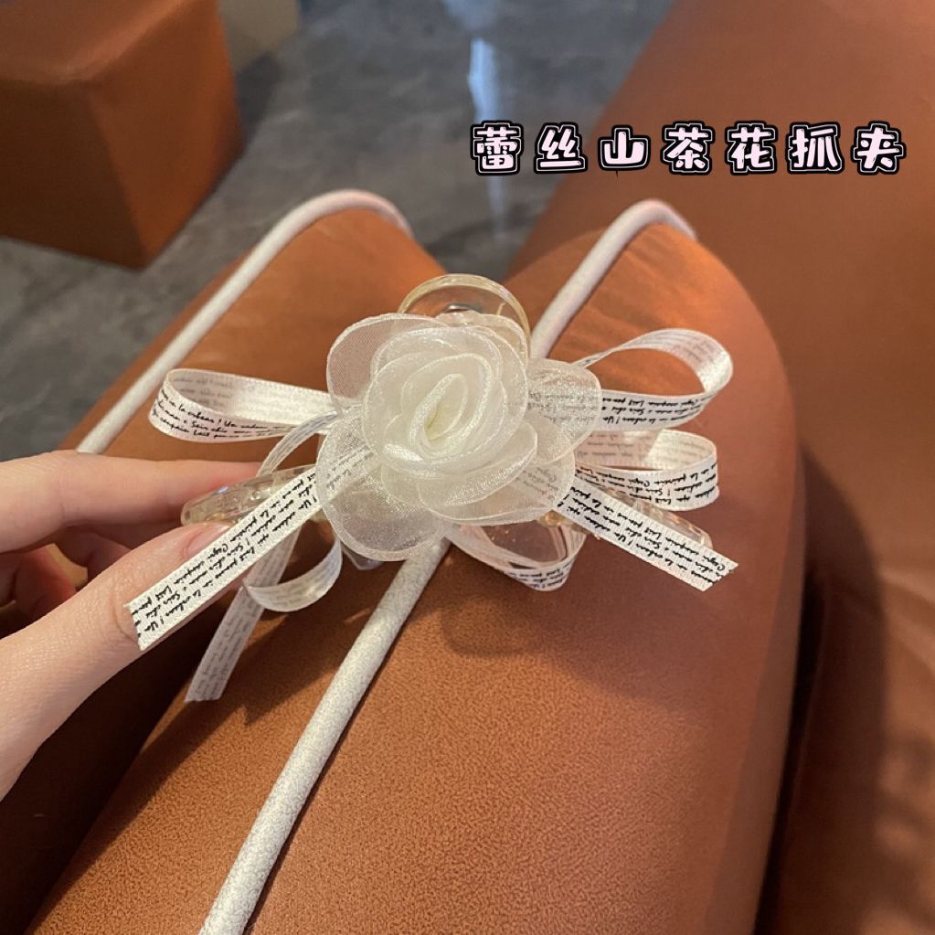 网红ins风蕾丝玫瑰花抓夹时尚简约山茶花鲨鱼夹发卡头夹发夹边夹