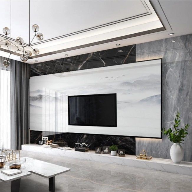 现代简约电视背景墙客厅大理石影视墙人造石大板悬空背景墙包安装