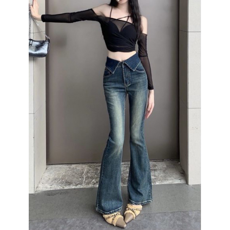 Hot Girl Retro Flanging Jeans Women's New Slim Fit Slimming Skinny Mop Trousers