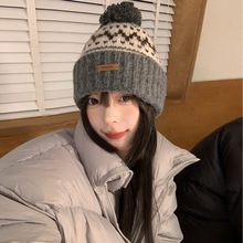 毛线帽皮字母小潮球球百搭套保暖针织韩版秋冬季标显头帽护耳脸帽