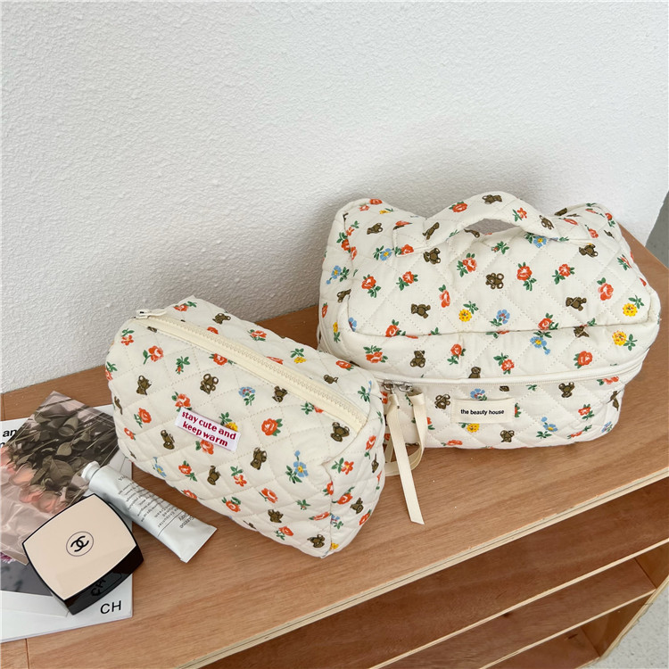 Homemade Cartoon Bear Flower Cosmetic Bag Large Capacity Portable Travel Toiletry Bag Sundries Storage Bag Three-Piece Set