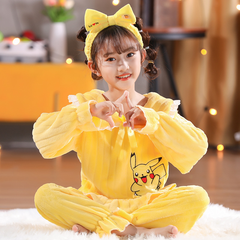 女童睡衣可爱皮卡丘冬季法兰绒小女孩宝宝秋冬天毛绒加厚款家居服