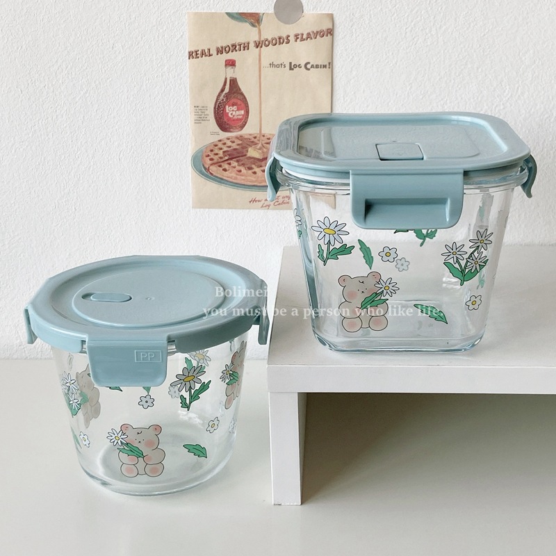 Thermal Transfer Printing Daisy Bear Freshness Bowl Heat-Resistant Glass Crisper Soup Bowl with Lid Portable Glass Bowl