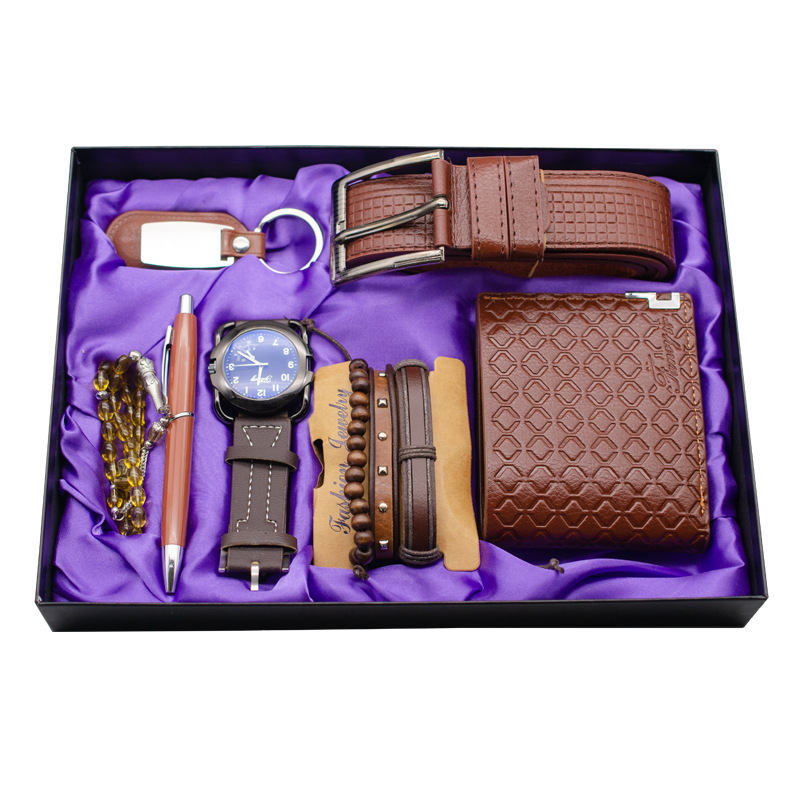 Cross-Border Gift Seven-Piece Watch Wallet Belt Bracelet Keychain Beads Pen Sleeve Box Men's Gift Suit