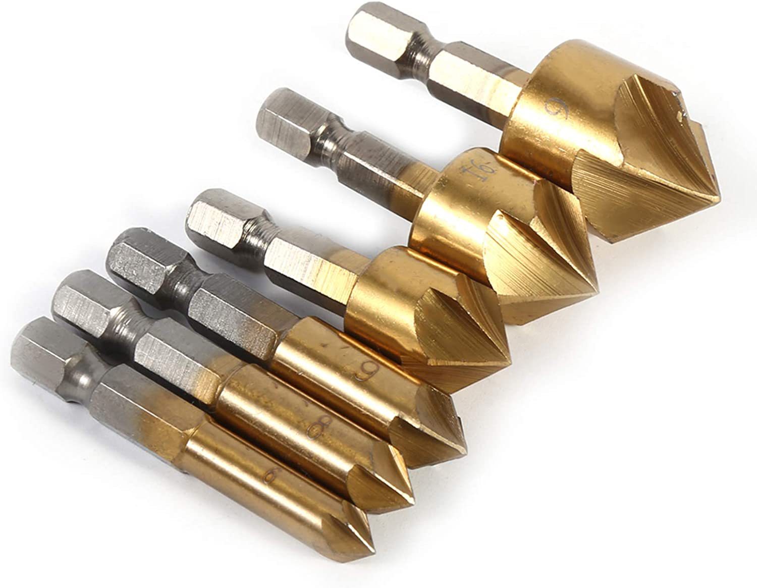 Hexagonal Shank Titanium Plated Five Blade Chamferer 6-19mm Woodworking Rose Reamer Set 6PCs Woodworking Hole Saw