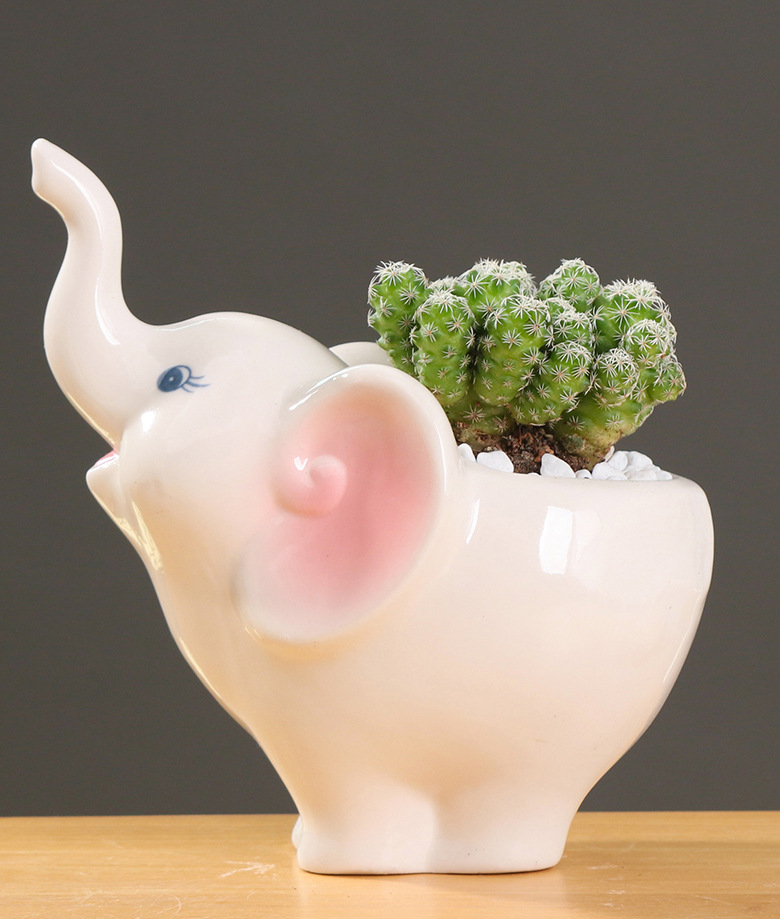简约户外园艺创意多肉花盆 卡通动物大象陶瓷花盆桌面盆栽摆件