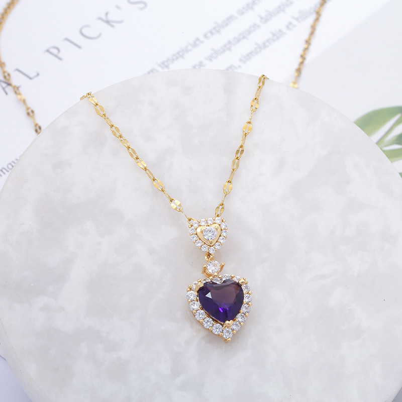 时尚韩版项链吊坠 微镶爱心紫色水晶女款ins镀真金短款锁骨链批发