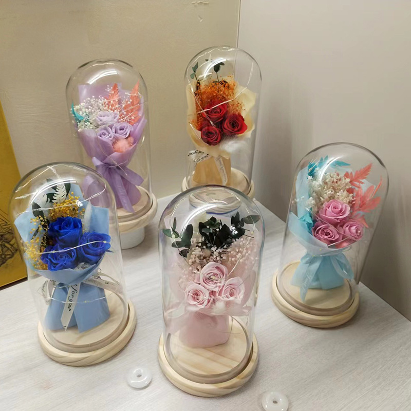 valentine‘s day three-head eternal life flower strap glass cover ornaments chinese valentine‘s day gifts for girlfriend home bedside table decoration