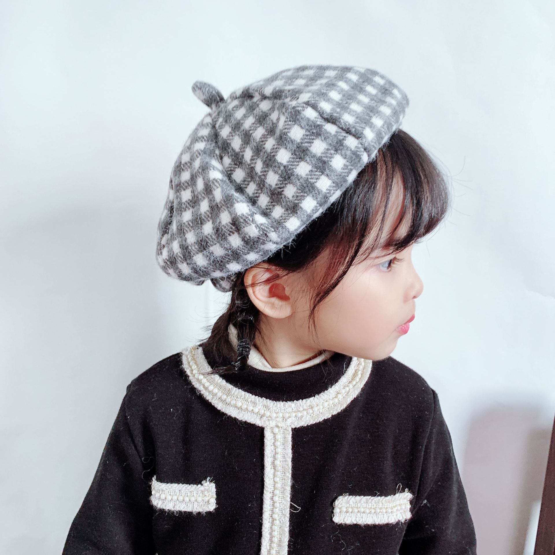 儿童帽子秋天格子贝雷帽女童时尚韩版小女孩秋冬季出游休闲书童帽