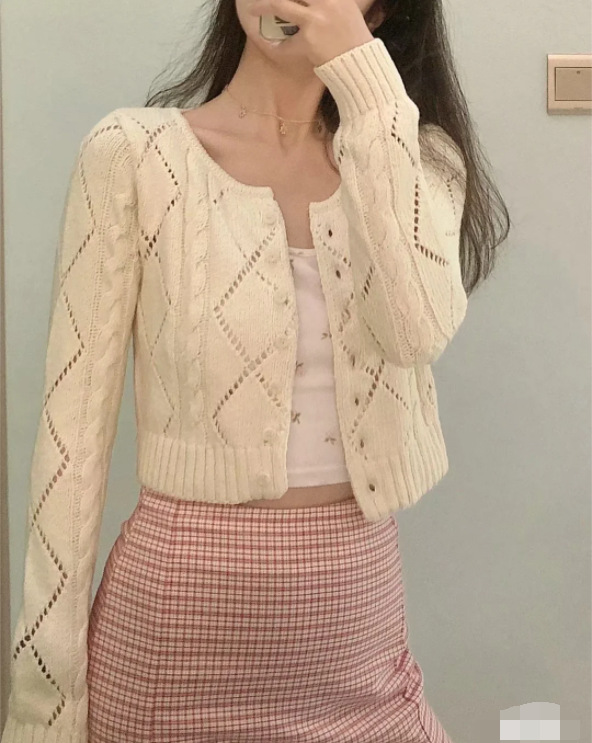 bm风 brandy同款 欧美复古米色短款镂空针织毛衣bm开衫外套学院风