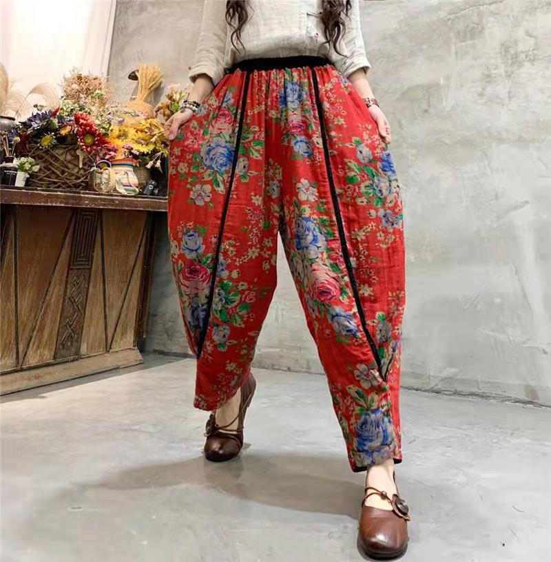 2022春季新款棉麻百搭大版哈伦裤女士民族风复古东北大花休闲长裤