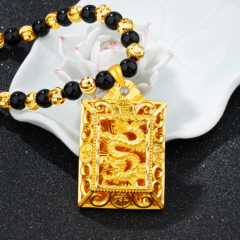 跨境直播批发越南沙金纯铜镀24k金男士龙牌项链 3d硬金福吉祥挂件