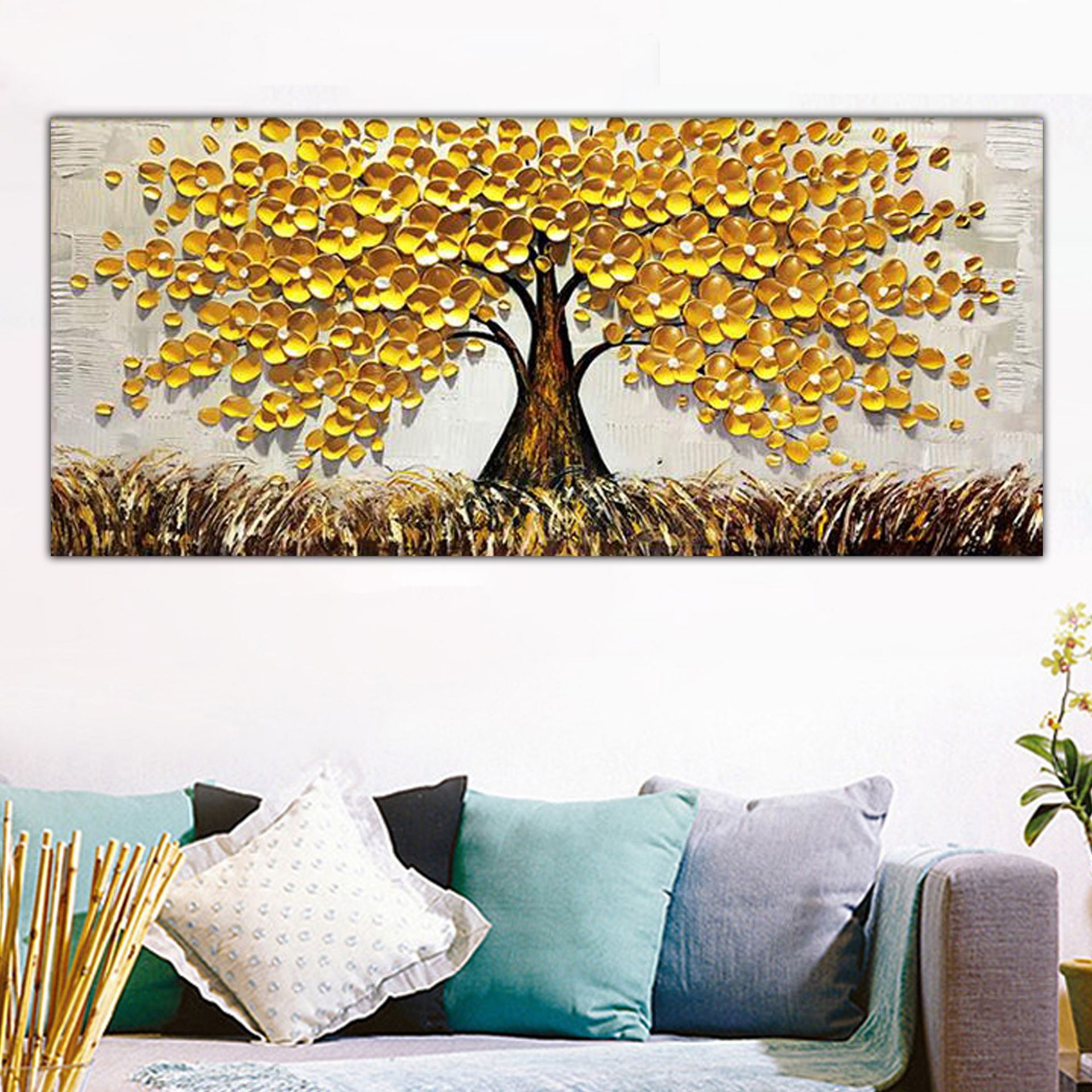 外贸出口纯手绘厚肌理手绘油画 酒店装饰床头画 黄金发财树装饰画