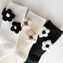 毛线针织花朵ins潮双针袜女减龄时尚甜美可爱百搭中筒袜