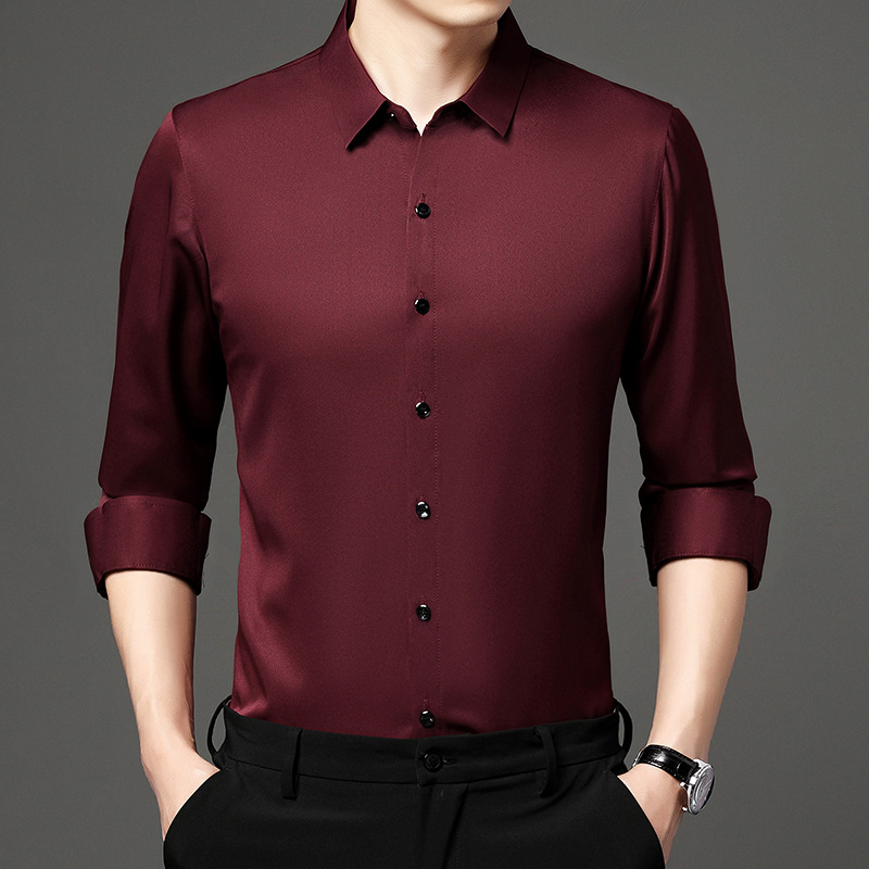 喜公公红衬衫2023秋季男装衬衫薄款中年直筒型方领商务绅士敬酒服