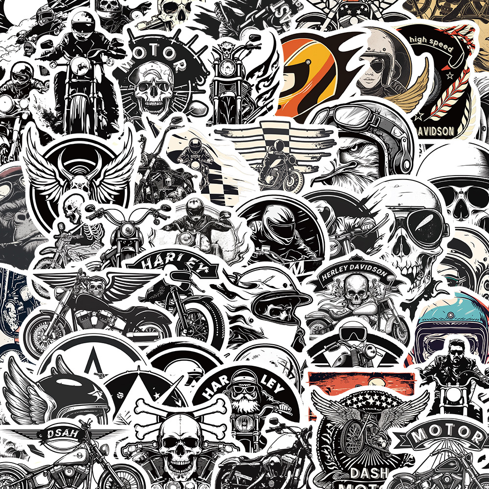 50张卡通复古哈雷手账素材贴纸文具行李箱水杯笔记本防水贴画批发