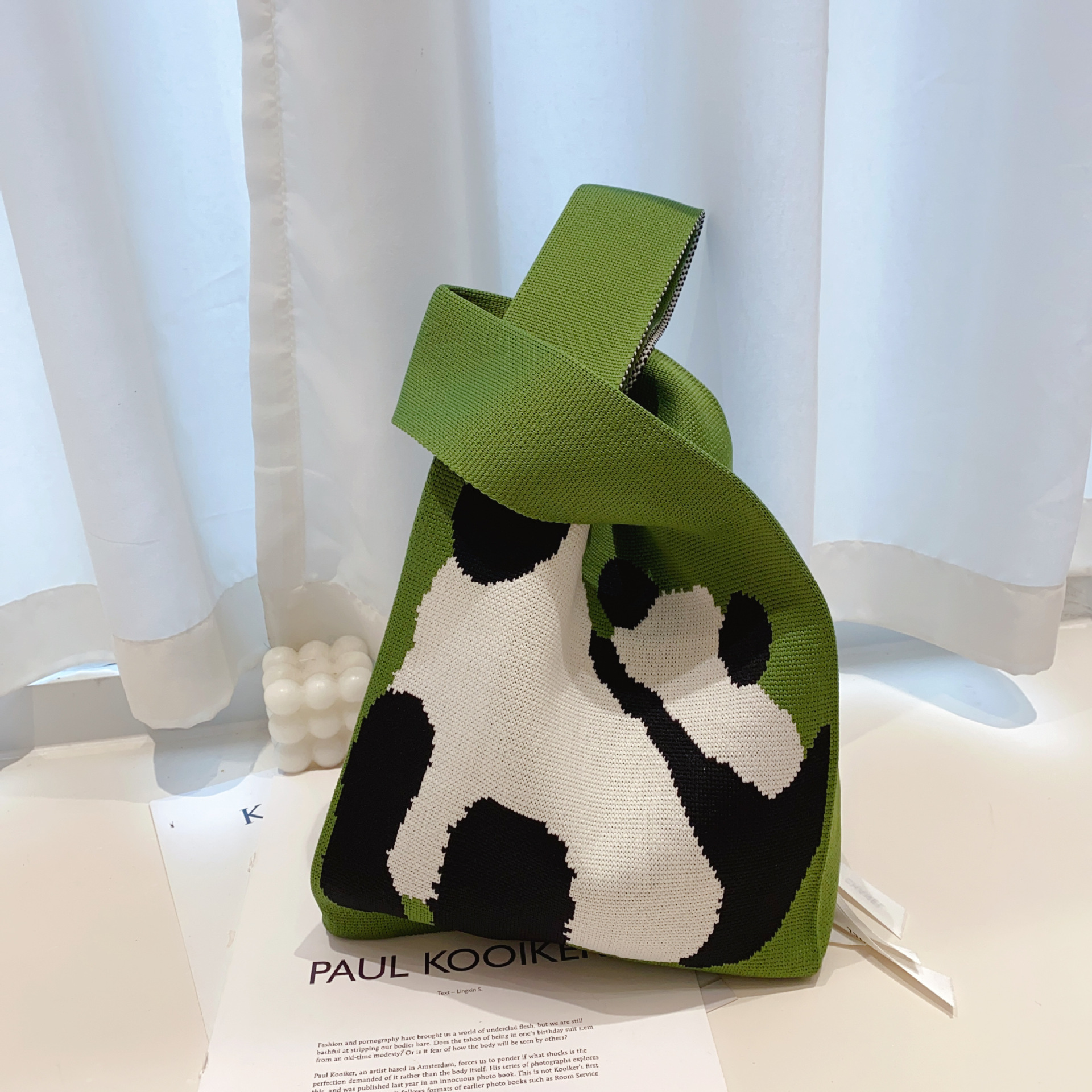 Cute and Sweet Panda Knitted Large Handbag Women's Woven Casual Vest Bag Large Capacity Bento Bucket Bag