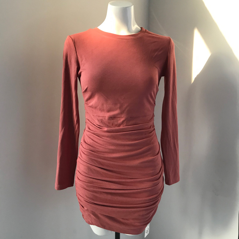 Street Shot Women's Clothing 2021 New Fall Winter Trend round Neck Long Sleeve Versatile Pleated Skirt Slimming Irregular Dress