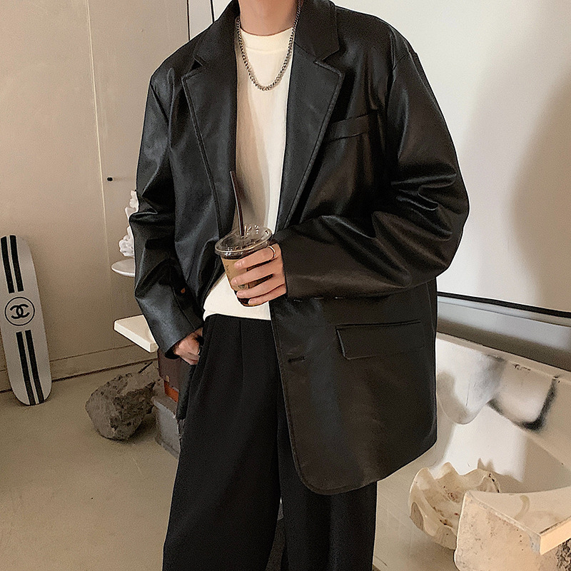 intfeday 港风复古vintage宽松阔版休闲西装男女情侣日系pu皮西服