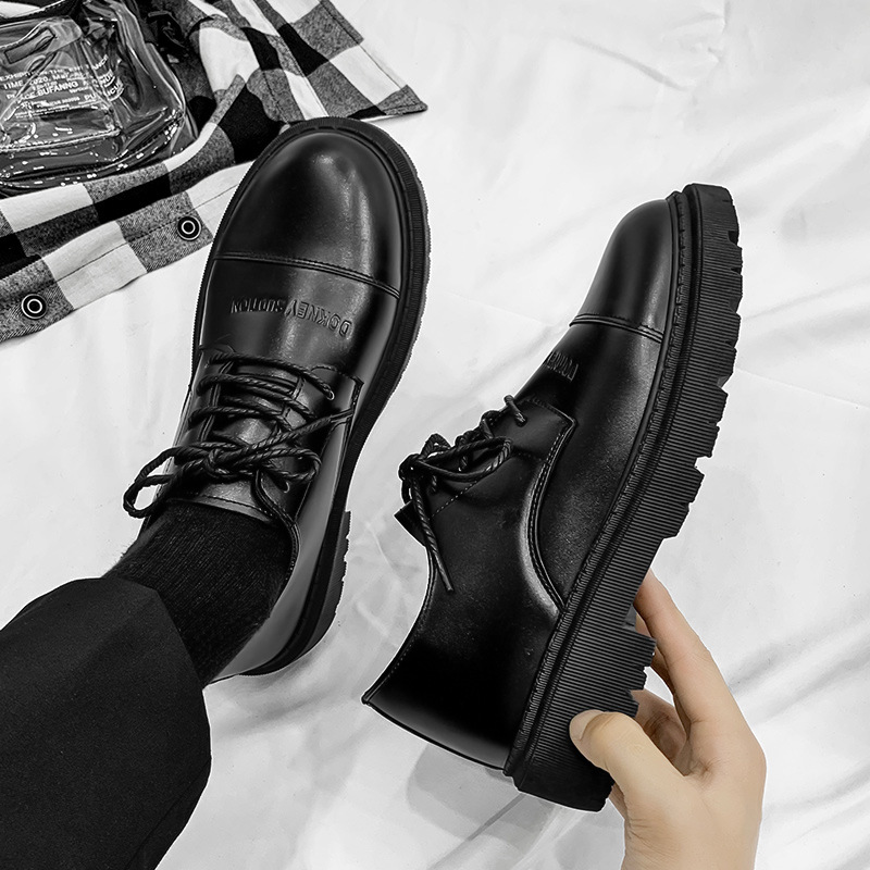 casual shoe Autumn Men's Casual Leather Shoes Big Head Shoes British Working Wear Shoes Korean Style Fashion Black Small Leather Shoes Low-Cut Fashion Shoes