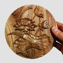 实木木雕花壁画木板装饰画 荷花莲花图案壁挂装饰木艺木贴花