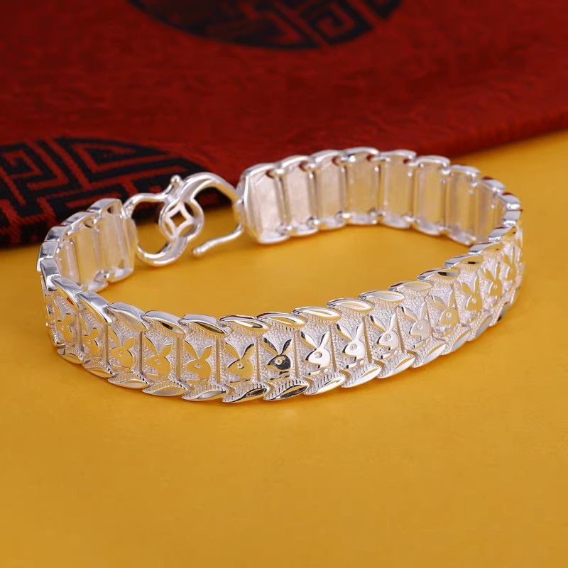 s990纯银男士手链99足银粗霸气时尚个性型男宽手表链礼物银饰