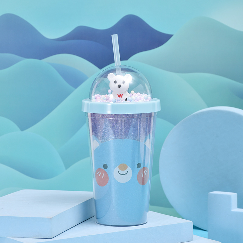 Cute Pet Cute Bear Children's Plastic Cup Outdoor Portable Men's and Women's Student Straw Cup Arc Cover Double Layer Gift Cup