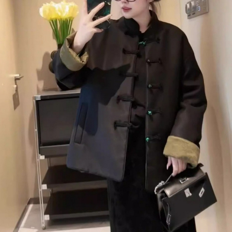 冬季新款女装新中式唐装中国风上衣黑色双面穿盘扣棉服外套女