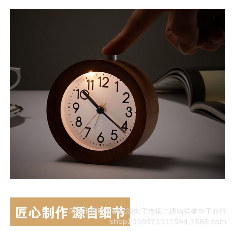 实木指针小闹钟静音表学生床头贪睡时钟夜光复古小钟批发礼品时尚