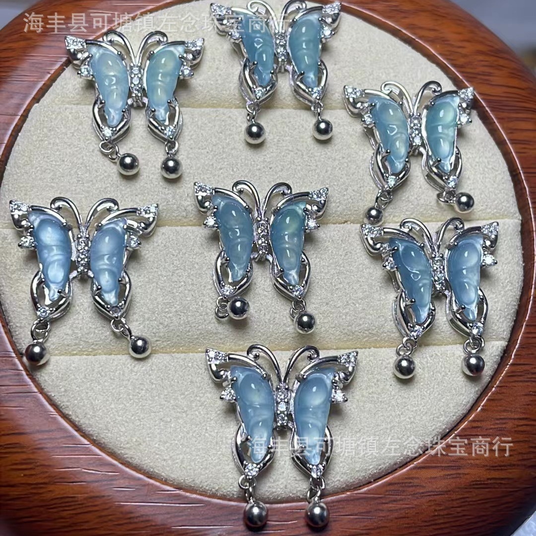 新款蓝水翡翠蝴蝶吊坠 s925银镶天然锆石白金蝴蝶 diy项链吊坠