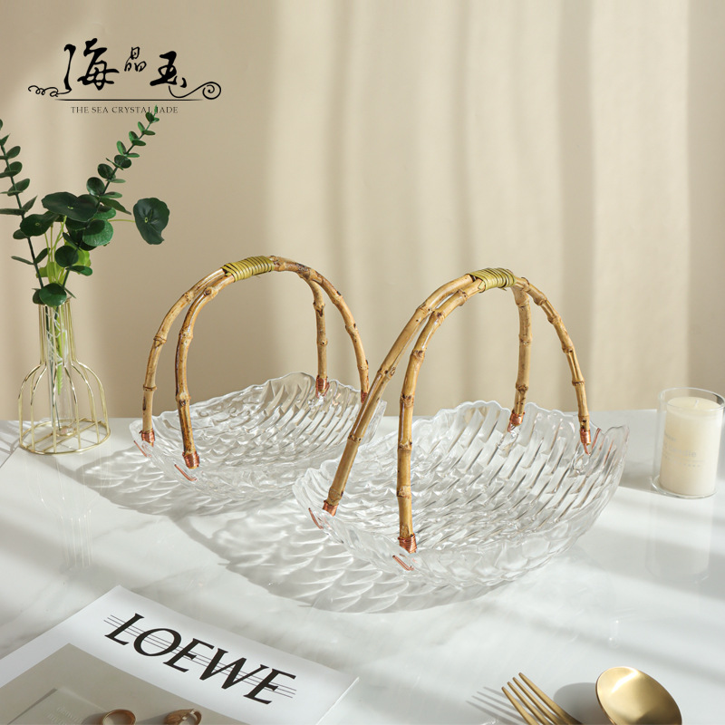 Japanese-Style Cloth Glass Rattan Hand-Held Fruit Basket Fruit Plate Good-looking Household Living Room Coffee Table Dessert Dim Sum Plate