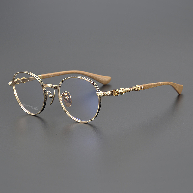 潮百搭雕花复古圆框眼镜纯钛架男近视眼镜女配防蓝光-阿里巴巴