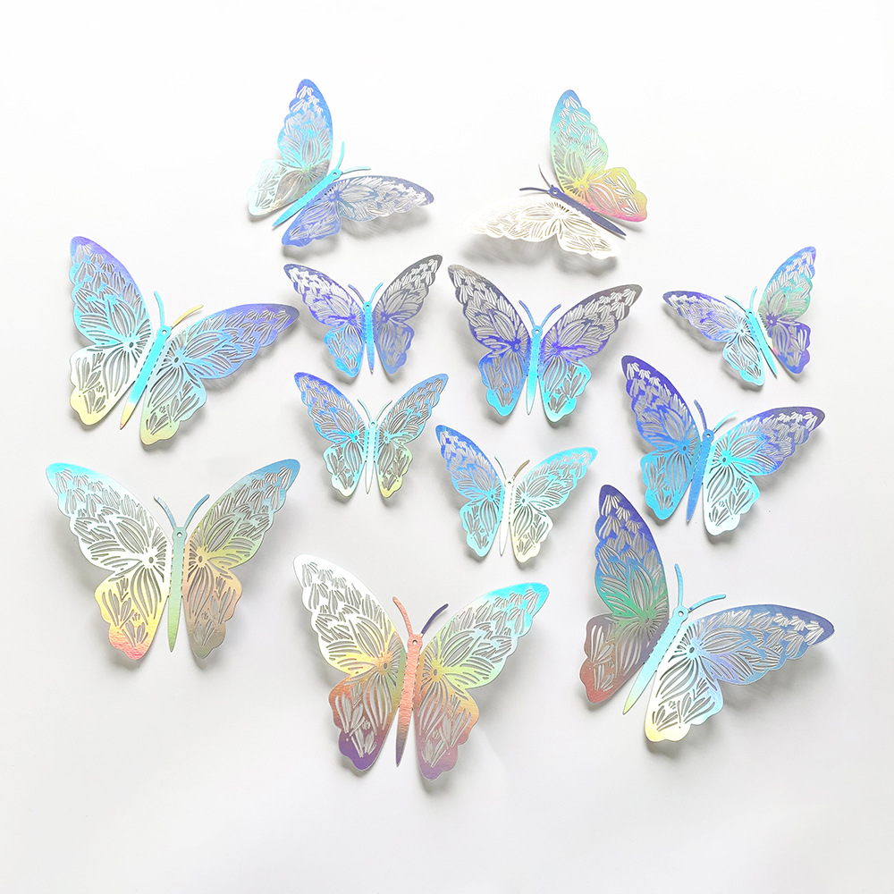 Foreign Trade 12 Pcs Colorful Silver Three-Dimensional Hollow Butterfly Stickers Artistic Home Party Wall Decorative Background Wall Sticker