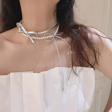 韩国气质双层珍珠皮革蝴蝶结项圈项链饰品女高级感小众设计锁骨链