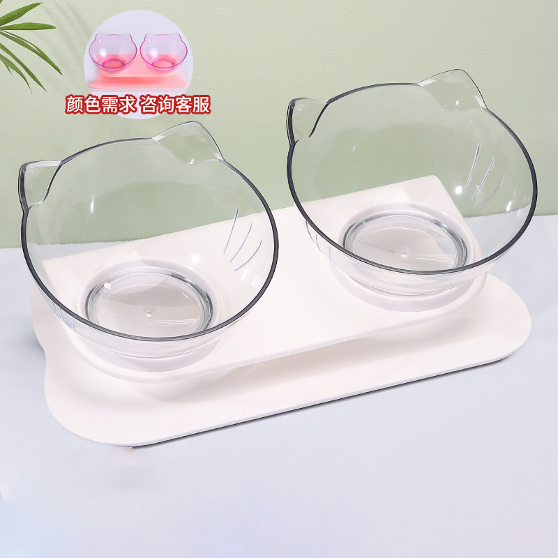 Factory Direct Sales Plastic Non-Slip High Leg Cat Bowl 15 ° Oblique Angle Cat Neck Protection Double Bowl Solid Color Cat Ear Food Basin Wholesale