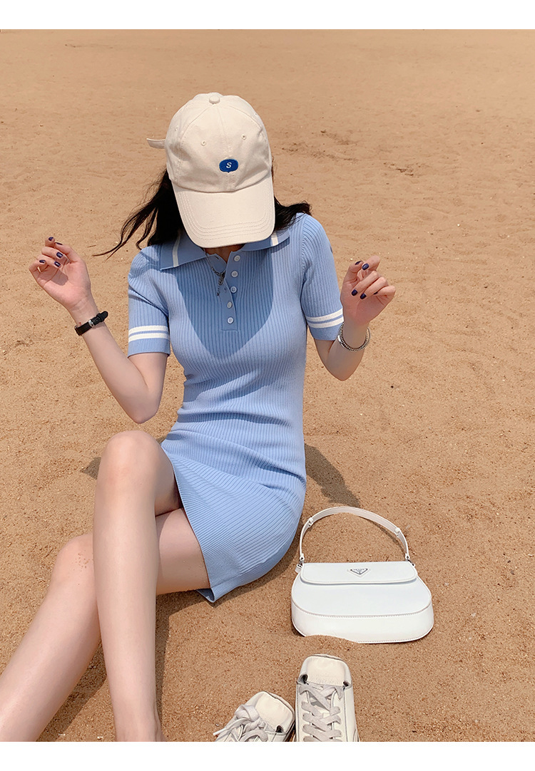 夏季新款甜美气质polo领短袖裙子修身显瘦包臀短裙针织连衣裙女装