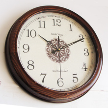 W1TR实木静音挂钟简约客厅时钟欧式美式复古圆形石英钟表中式轻奢