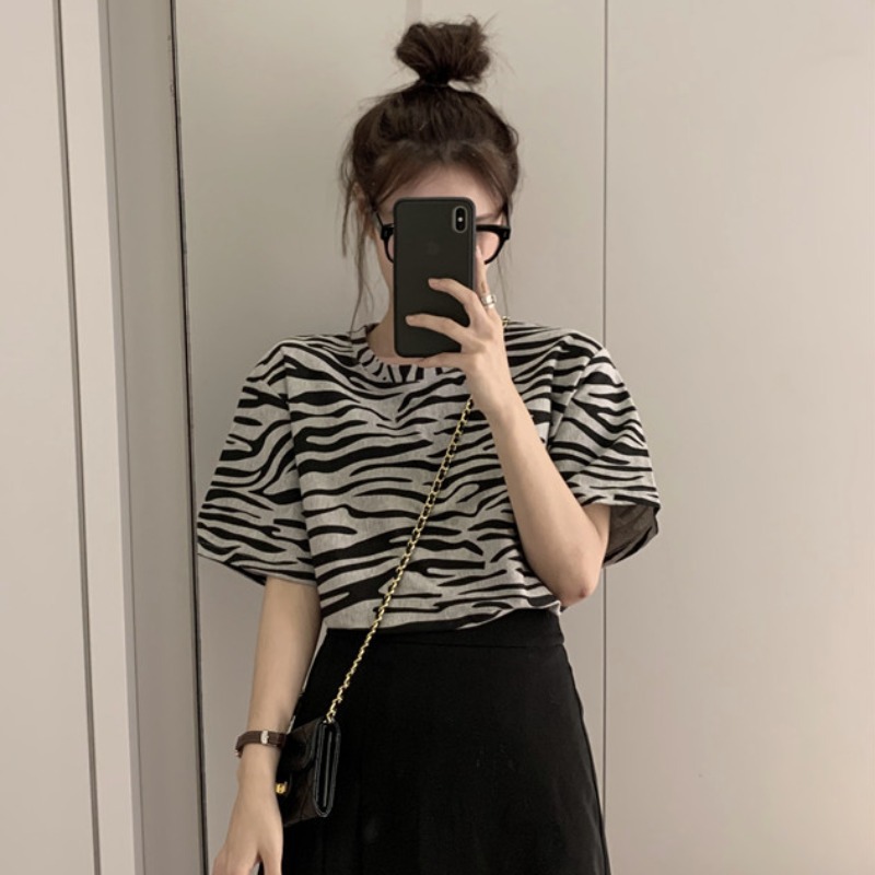 2022 Summer New Korean Style Loose Zebra Pattern Age-Reducing O-neck Short Pullover Short Sleeve T-shirt Female Student Top