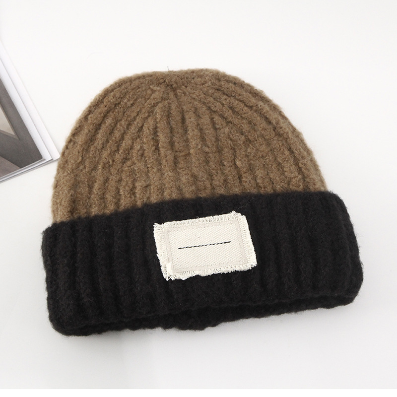 Woolen Cap Women's New Korean-Style Stitching Big Head Circumference Autumn and Winter Warm Pile Style Beanie Hat Small Knitted Earmuffs Hat