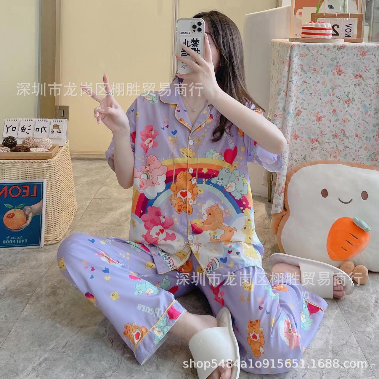 Wholesale Southeast Asia Short-Sleeved Trousers Italy Silk Cardigan Pajamas Women's Suit Cartoon Waal Cotton