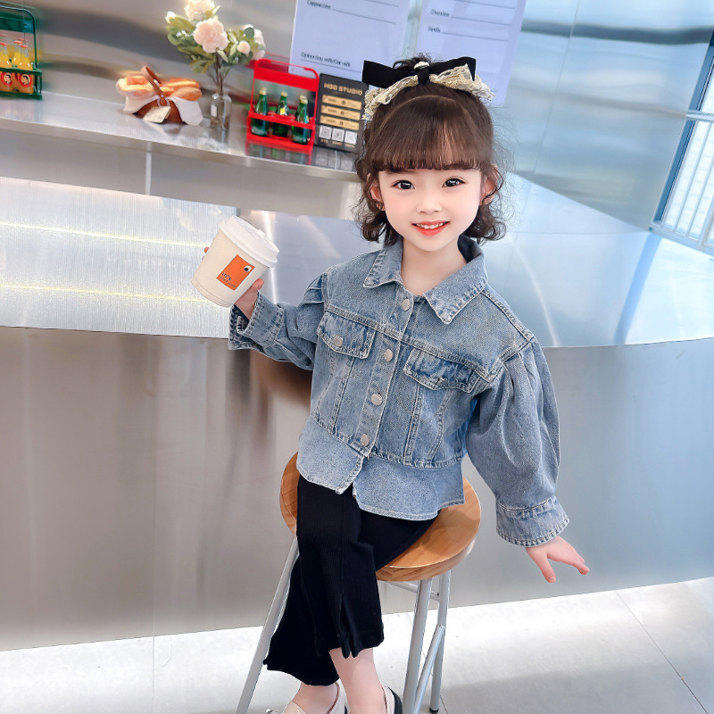 2023 New Spring Clothes for Baby Girls Western Style Lantern Sleeve Denim Jacket Children Fried Street Stylish Korean Top