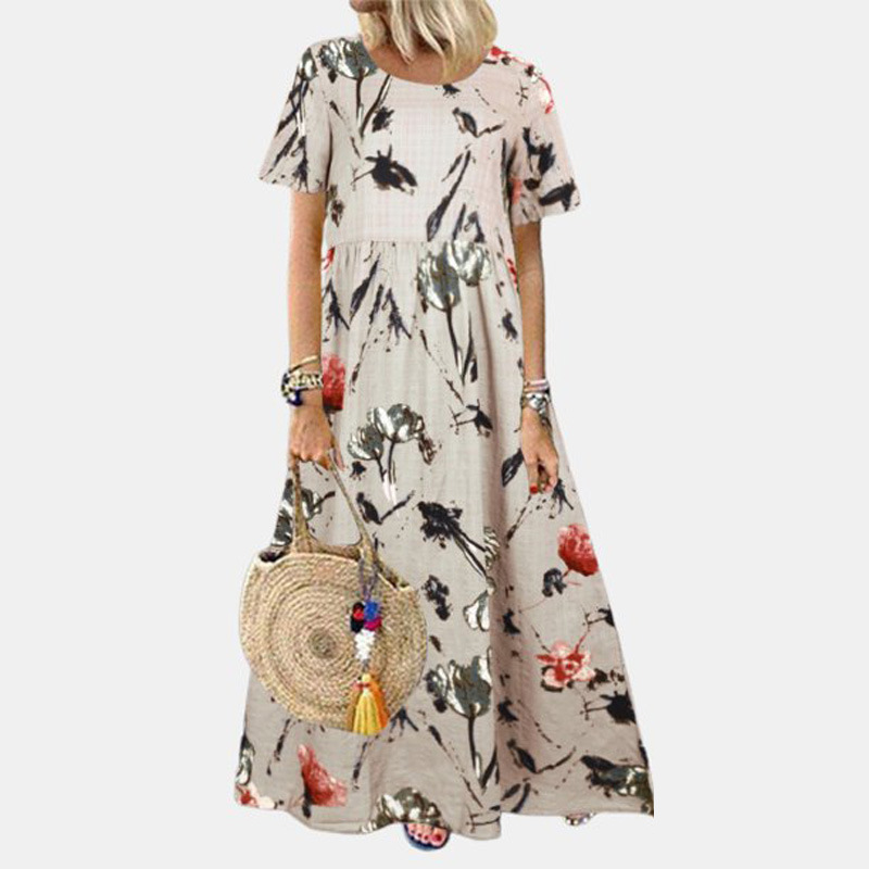 2023 Summer plus Size Women's Clothes Ethnic Style Vintage and Little Fresh Floral Dress round Neck Short Sleeve Loose Dress