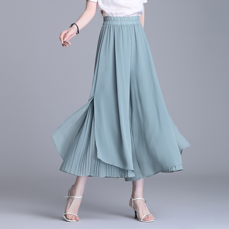 雪纺半身裙裤女夏中长款2021新款高腰百褶显瘦a字大摆裙垂感长裙