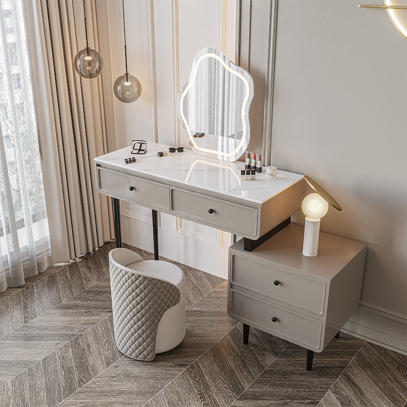 梳妆台化妆镜极简卧室轻奢ins网红高级岩板化妆桌收纳柜一体实木