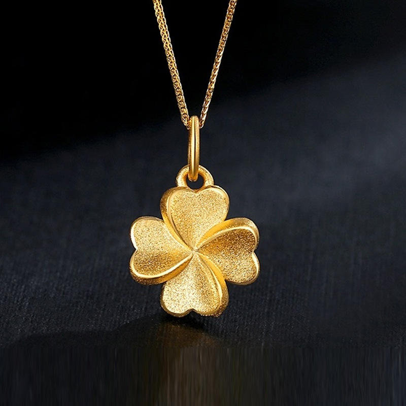 黄金项链女999足金四叶草吊坠24k纯金3d硬金锁骨套链送女友转运珠