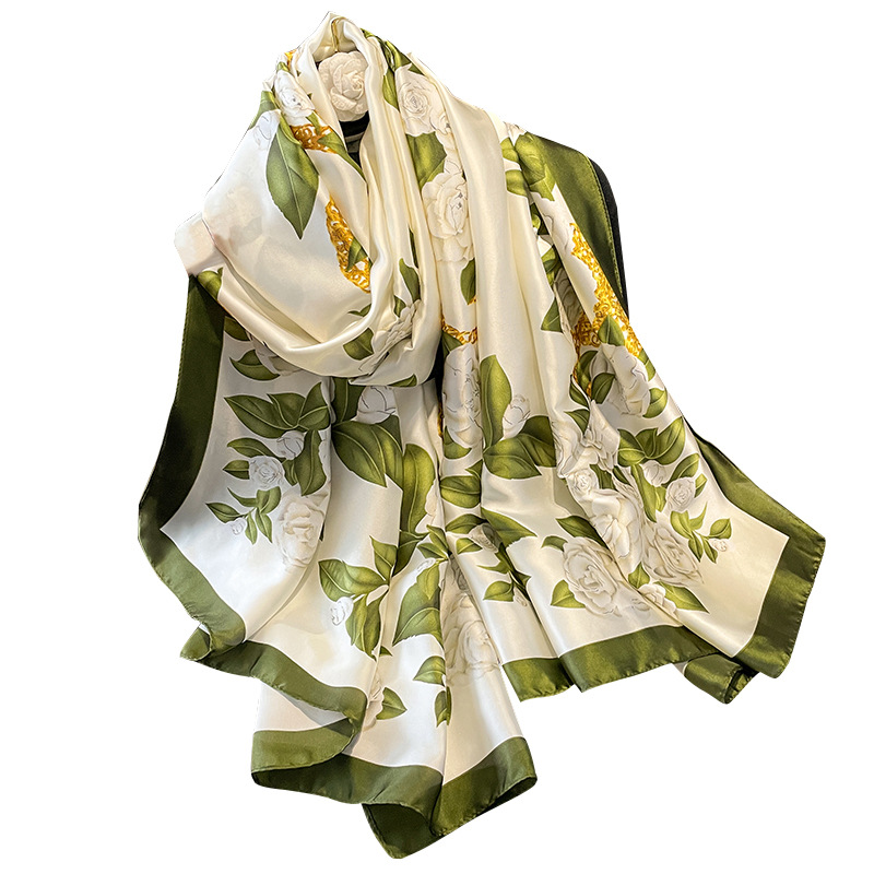 Spring and Summer New Printed Flower Scarf Shawl Artificial Silk Elegant Scarf plus-Sized Dual-Use Beach Towel