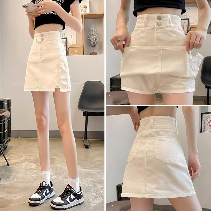 跨境牛仔短裙女夏季新款遮肉显瘦高腰白色裤裙防走光a字包臀半身